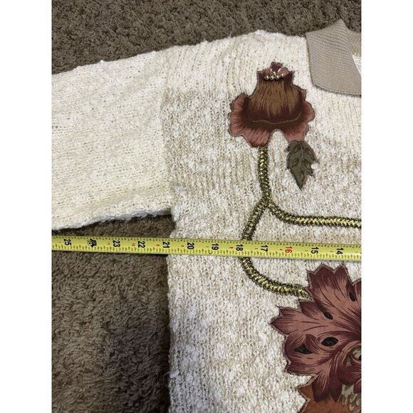 Vintage Womens 80s Polo Sweater Applique Floral Grandma Retro Artsy Boho READ L - Picture 11 of 12